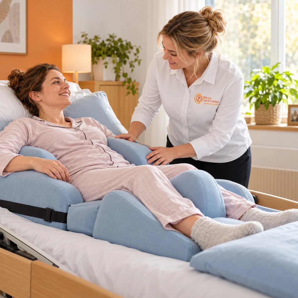 Spécialiste ajustant un système de positionnement allongé avec coussins pour une femme dans un lit médicalisé – by Spronken