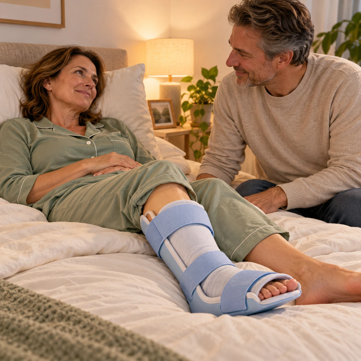 Vrouw met een nachtspalk aan haar onderbeen ligt in bed, haar partner zit naast haar – by Spronken