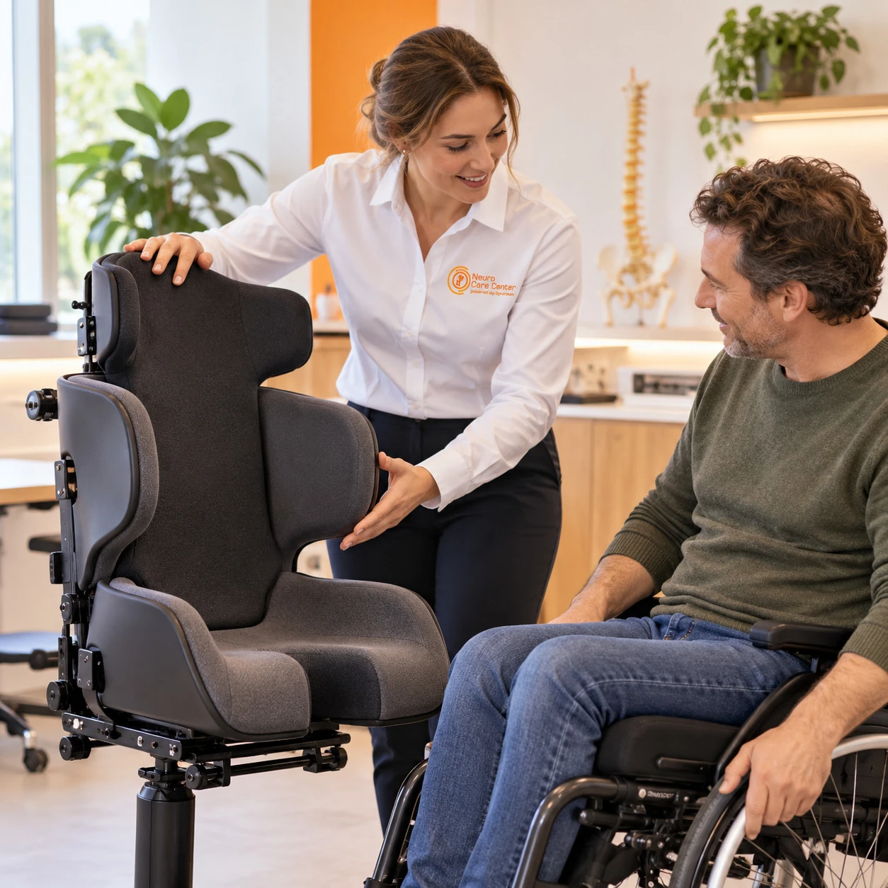 Spécialiste présentant une coque d’assise sur mesure à un homme en fauteuil roulant – by Spronken