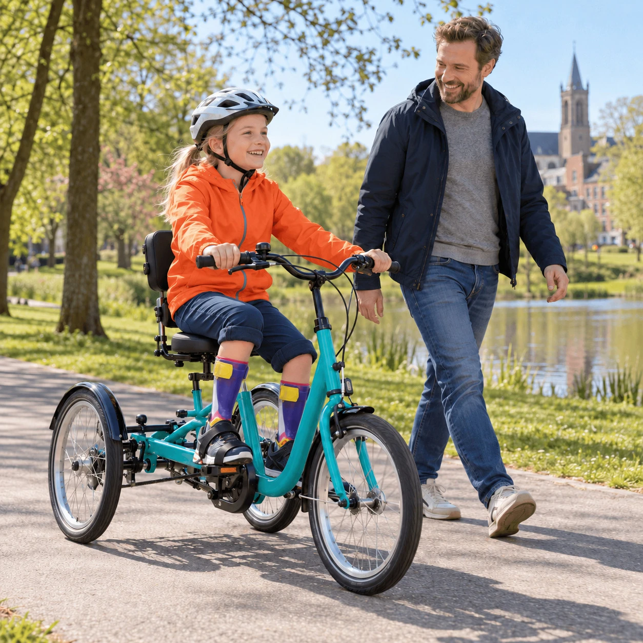 Fillette avec des orthèses cheville-pied sur un tricycle adapté dans le parc, accompagnée de son père – by Spronken