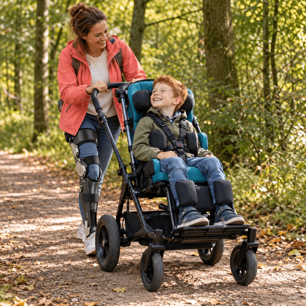 Mère portant une orthèse de jambe poussant son fils dans une poussette adaptée en forêt – by Spronken