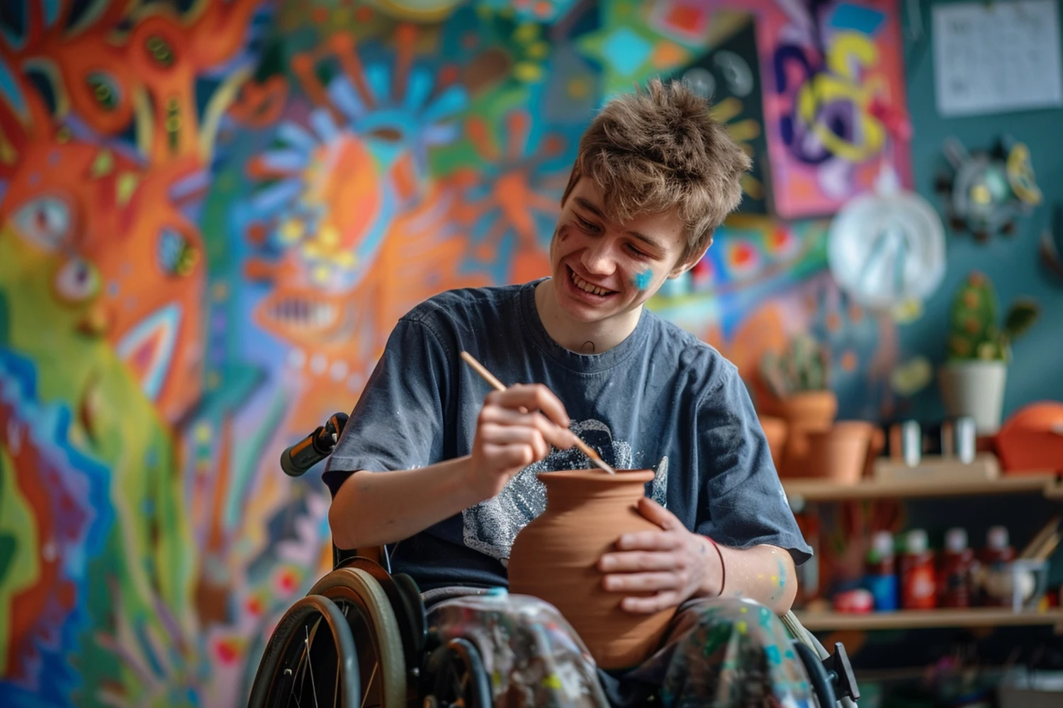 Jongen met neurologische beperking maakt bloempot