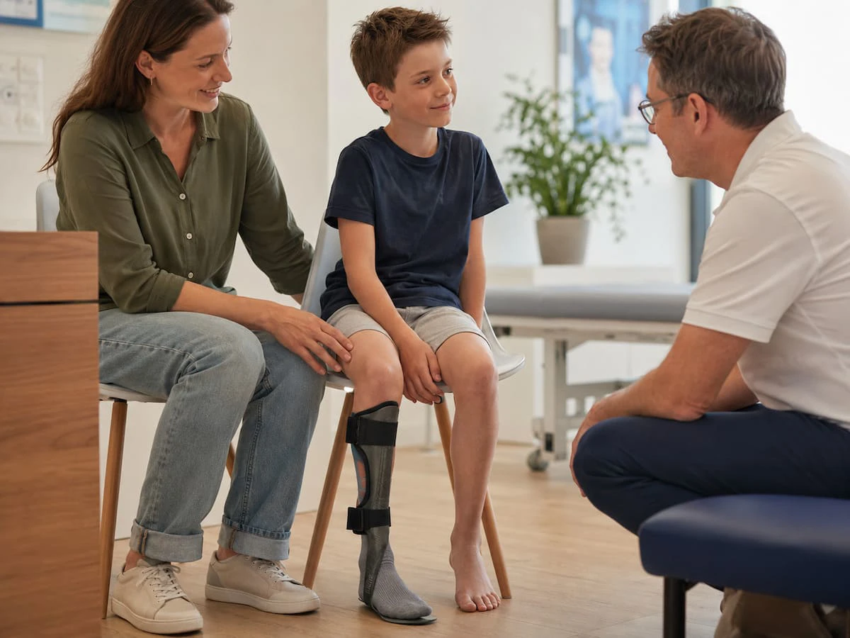 Moeder met zoontje krijgen Spronken Dynamische S-LINE GRF Carbon AFO / EVO / Enkelvoetorthese aangemeten door specialist van Spronken Orthopedie (Neuro Care Center / NCC)
