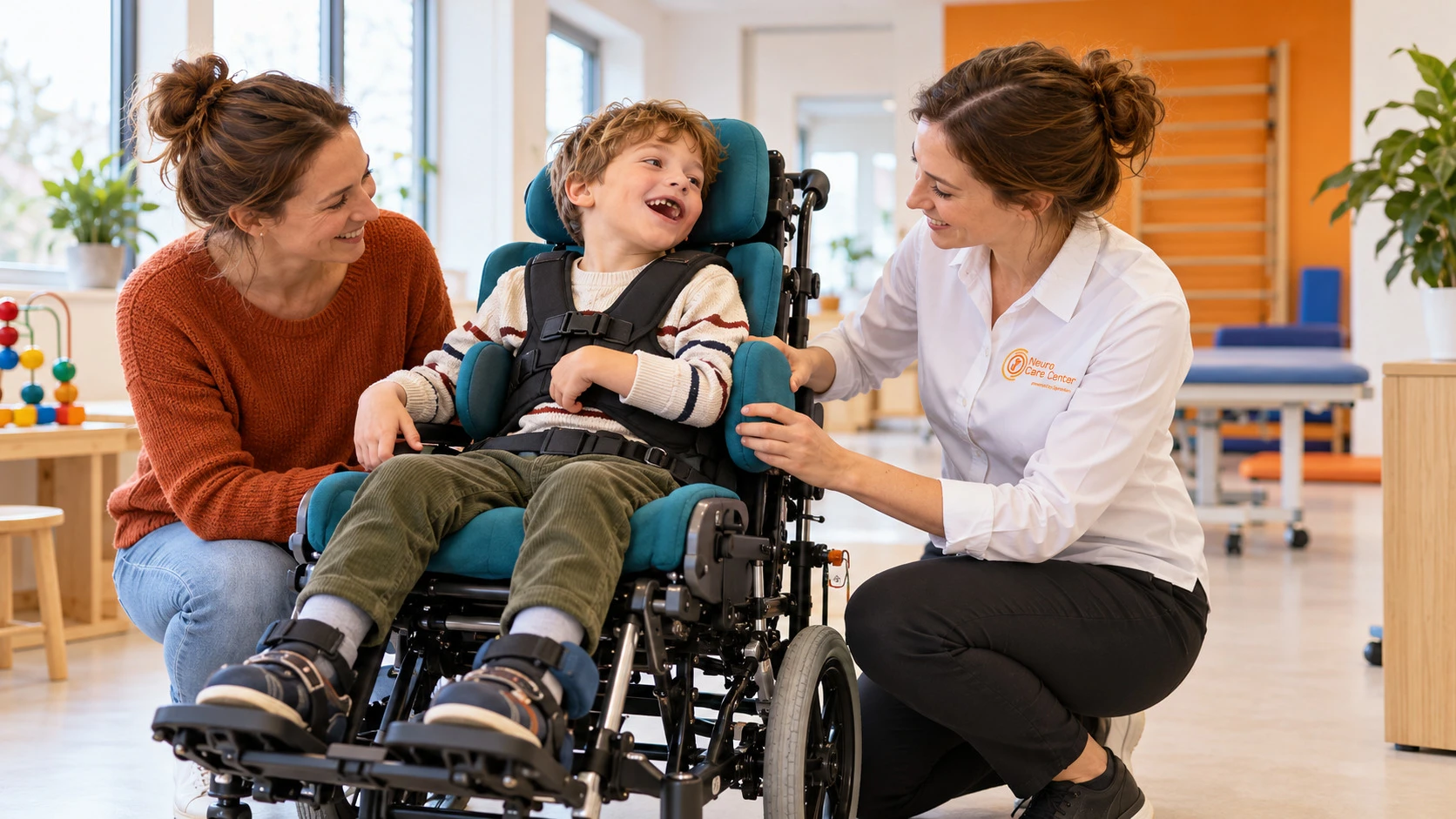 Petit garçon souriant dans un fauteuil roulant pédiatrique avec maintien postural, avec sa mère et une spécialiste – by Spronken