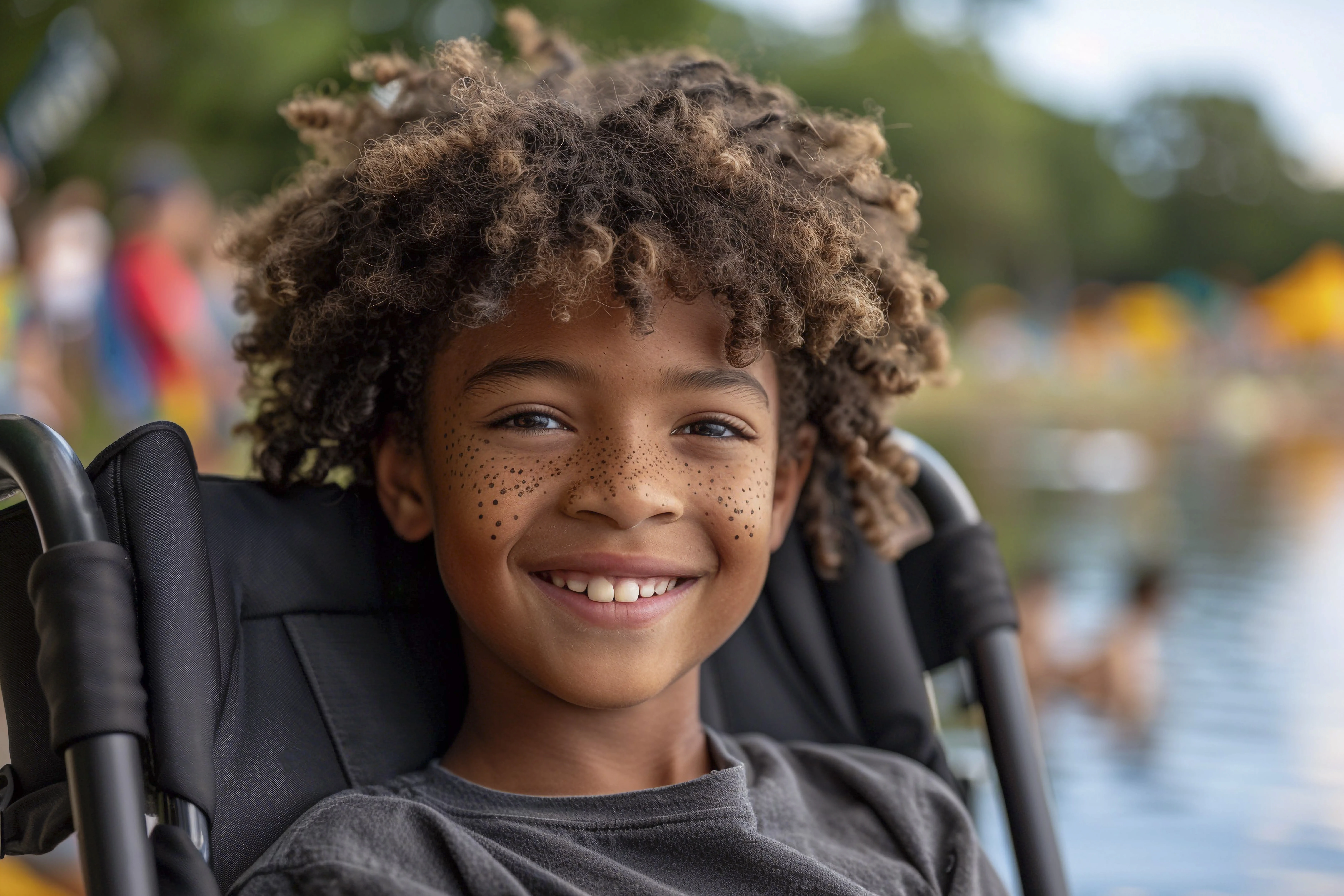lachend jongetje in rolstoel