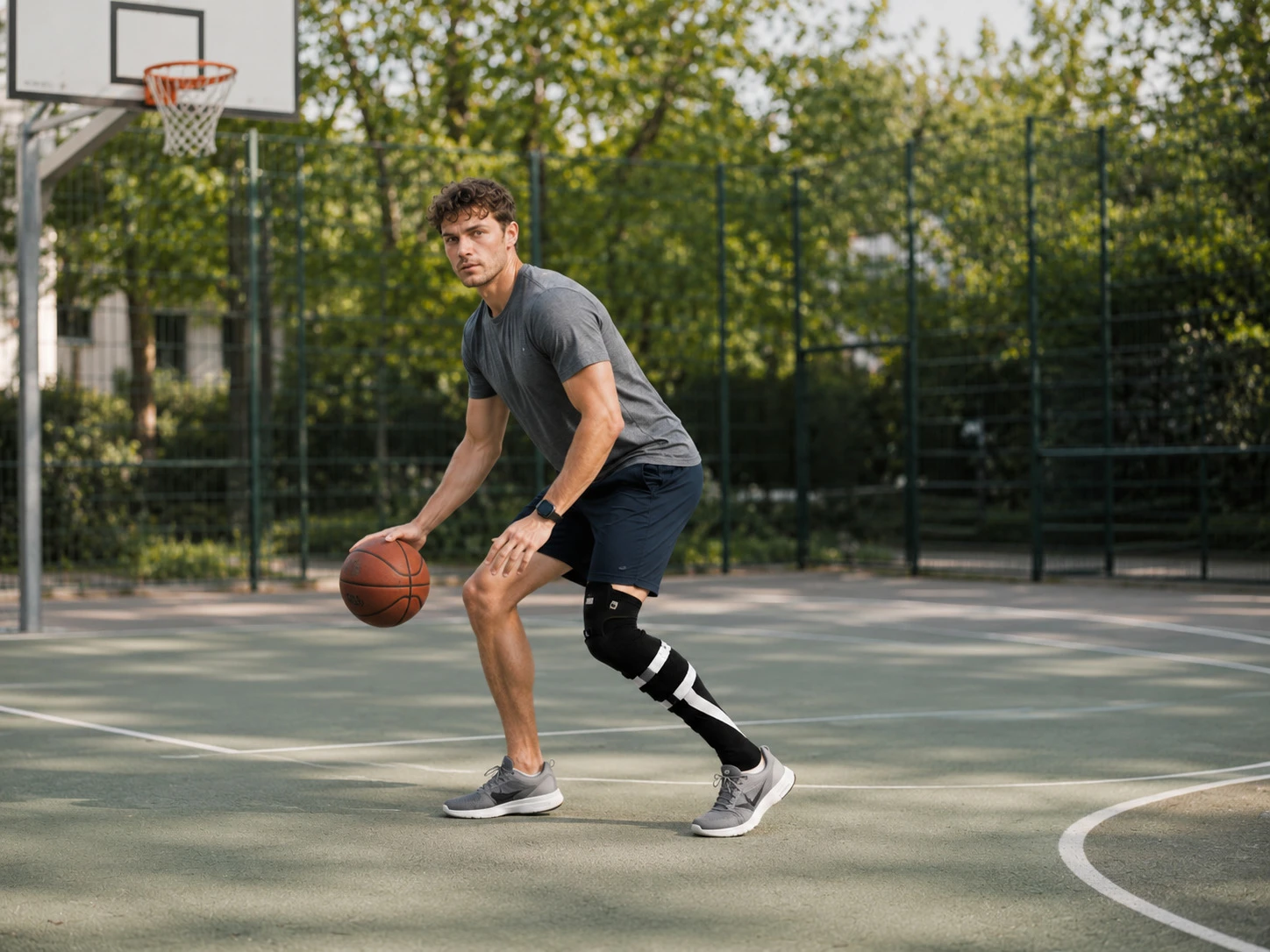 Jonge man aan het basketballen in Genk, België met AFO orthese / voetheffer op maar van Spronken - Neuro Care Center