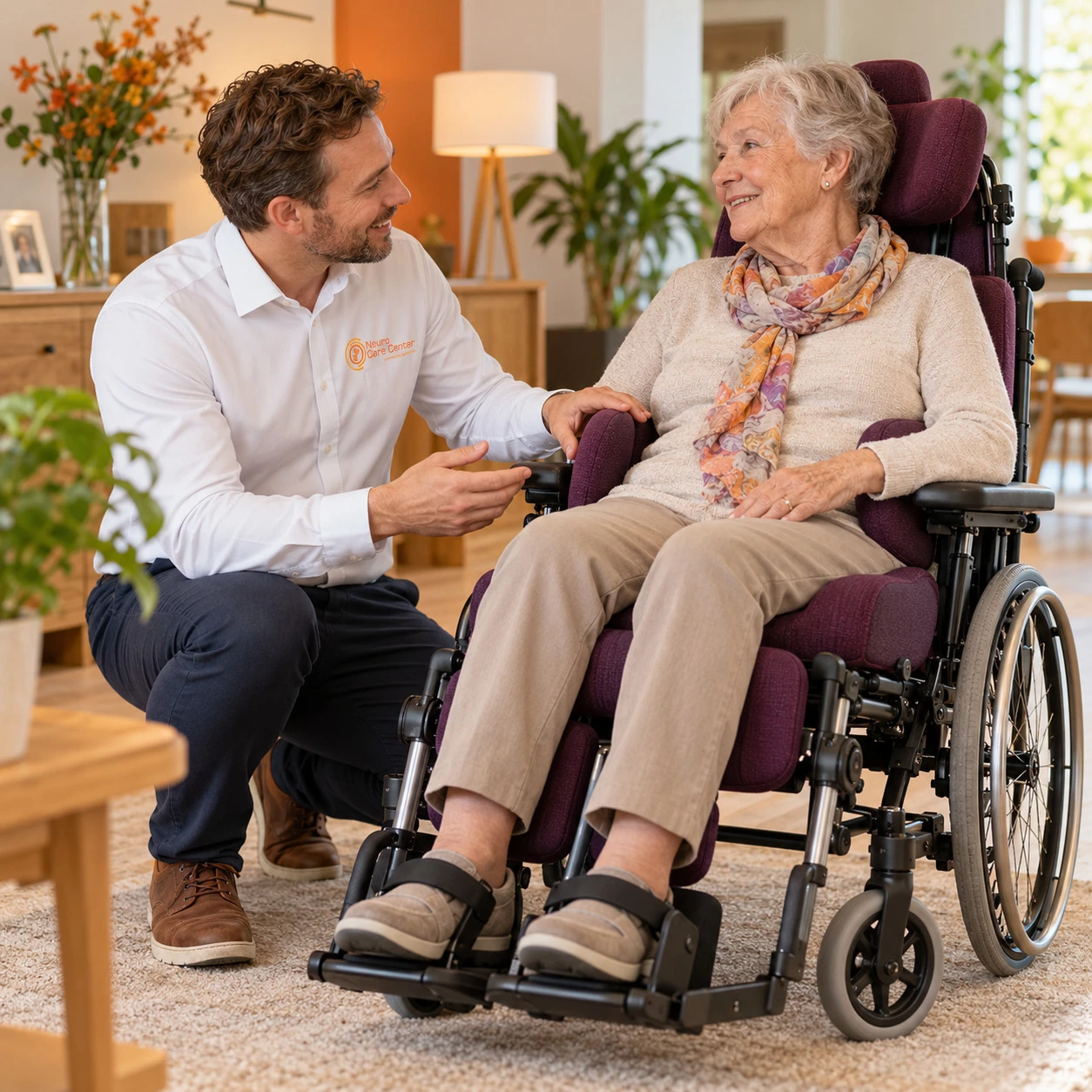 Spécialiste discutant avec une femme âgée assise dans un fauteuil roulant de confort avec appui-tête – by Spronken