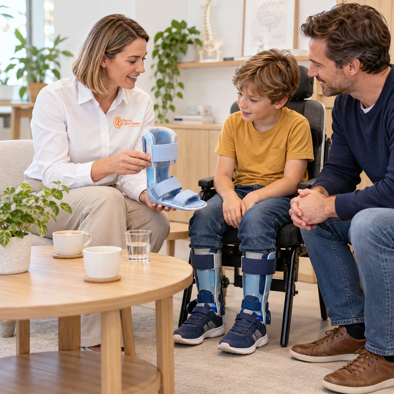 Specialist toont een enkel-voetorthese op maat aan een jongen en zijn vader – by Spronken