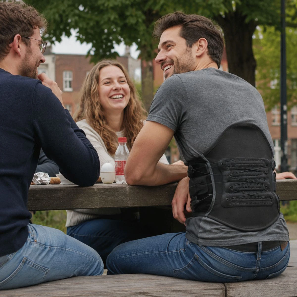 Man zit aan picknicktafel in park in België en draagt S Corset Dorso van Spronken, aangemeten en gemaakt door Neuro Care Center by Spronken Orthopedie