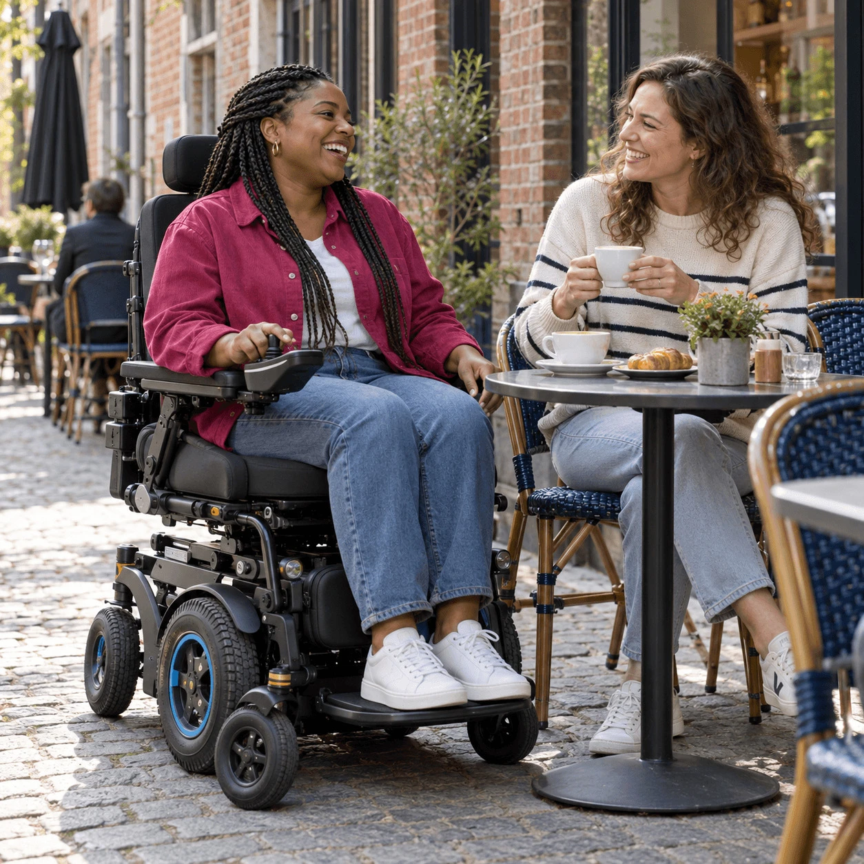 Femme en fauteuil roulant électrique prenant un café avec une amie en terrasse – by Spronken