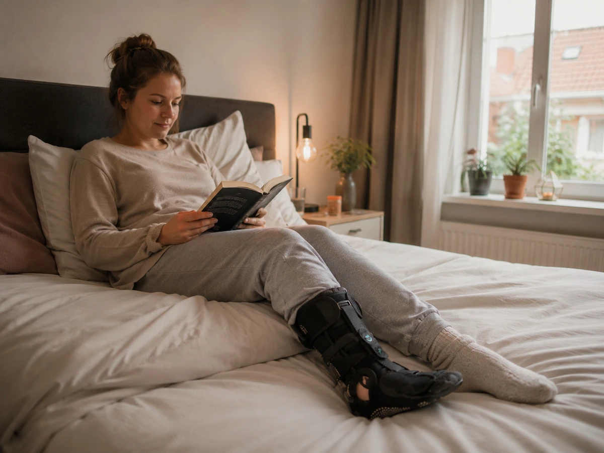 Vrouw ligt op met bed Spronken S-Line Nightsplint 3D light voetheffer, afo, evo, voetorthese