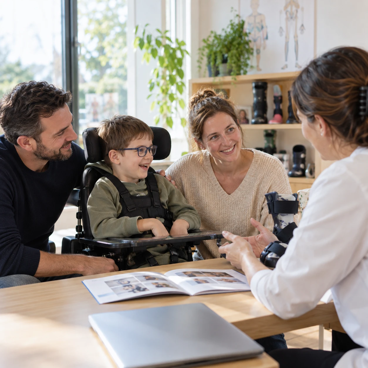 Gezin met zoon in rolstoel in gesprek met een specialist over een enkel-voetorthese – by Spronken