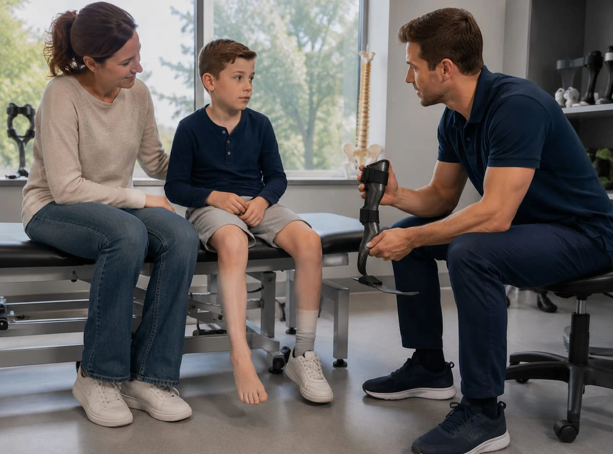 Jongetje en moeder krijgen Spronken S-Line GRF Carbon Light orthese, AFO, EVO, Enkel-voetorthese getoond door medewerker van Neuro Care Center by Spronken Orthopedie in Genk, België