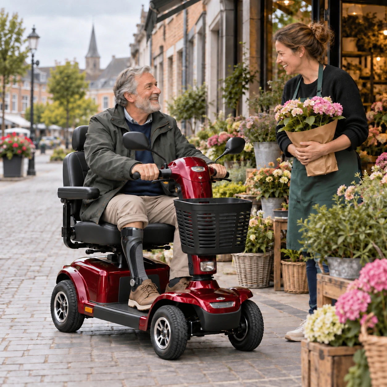 Homme âgé avec une orthèse de jambe sur un scooter de mobilité discutant avec une fleuriste – by Spronken