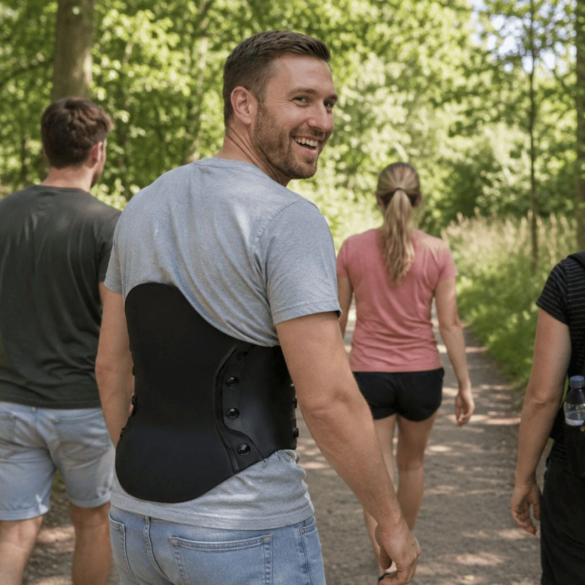 Lachende man wandelend in park draagt S-Corset van Spronken, gemaakt door Neuro Care Center by Spronken Orthopedie