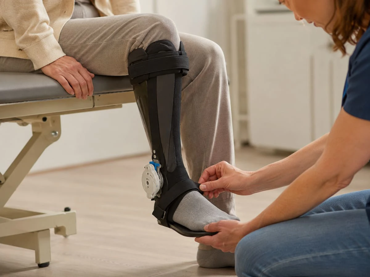 Vrouw krijgt Dynamische S-Line UFO orthese, AFO / EVO, aangemeten door orthopedisch specialist van Neuro Care Center by Spronken Orthopedie in Genk (België)