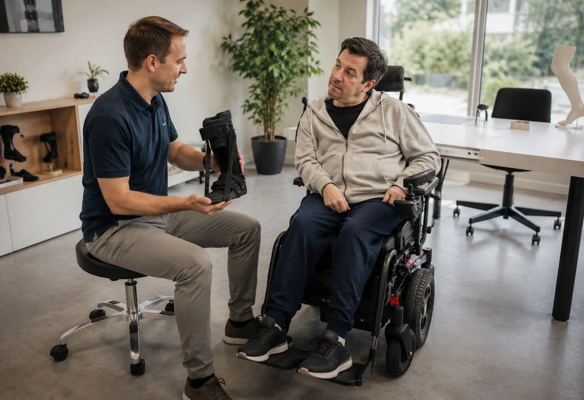 Man met neurologische aandoening in elektrische rolstoel ontdekt bij Neuro Care Center by Spronken Orthopedie de Spronken S-Line UFO Lite AFO / EVO orthese, samen met orthopedische specialist van Spronken Orthopedie in Genk, België.