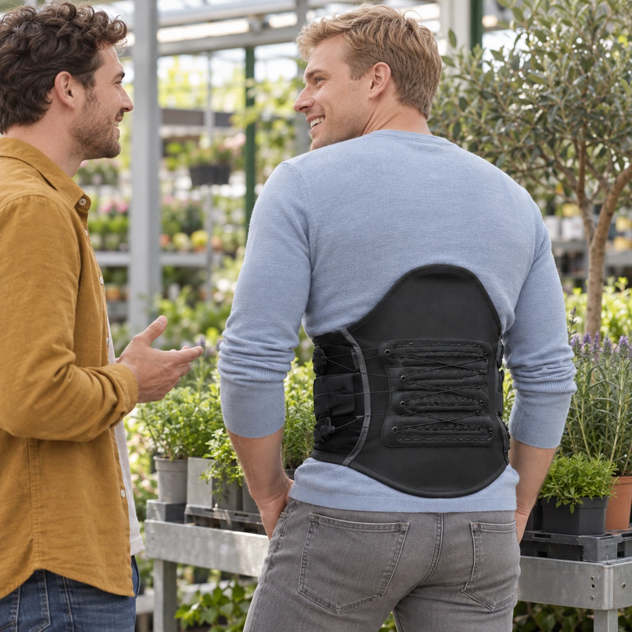 Homme portant une ceinture lombaire noire discutant avec un ami dans une jardinerie – by Spronken
