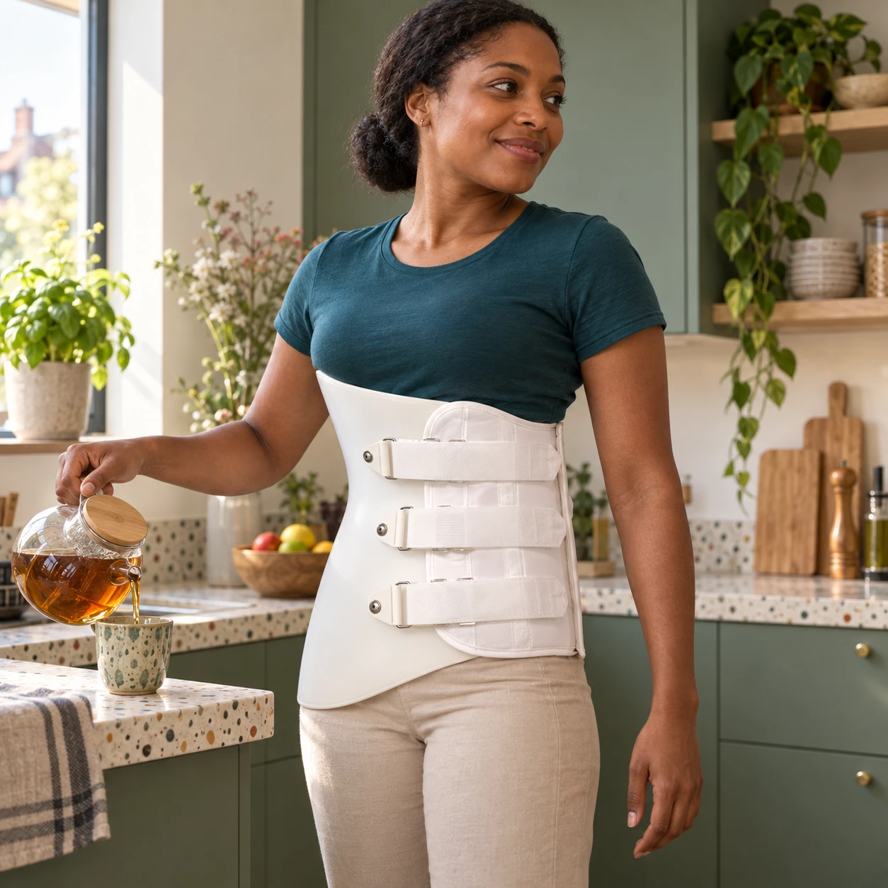 Femme portant un corset dorsal servant du thé dans sa cuisine – by Spronken
