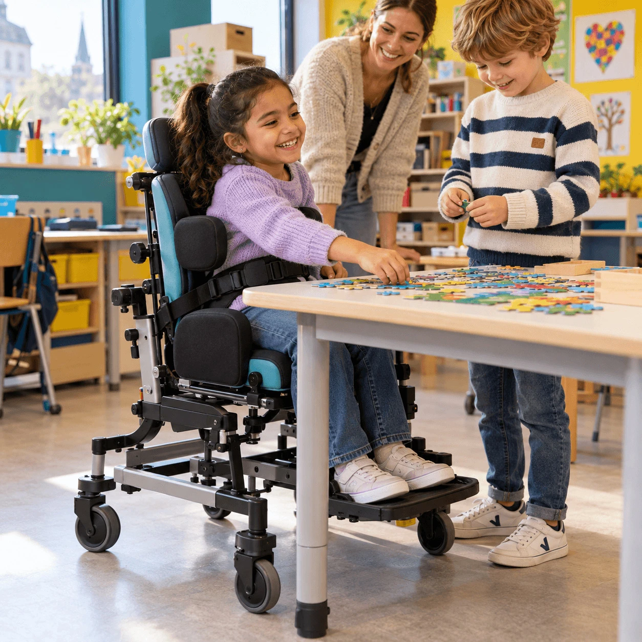 Fillette dans un siège adapté faisant un puzzle avec un camarade et l’institutrice en classe – by Spronken