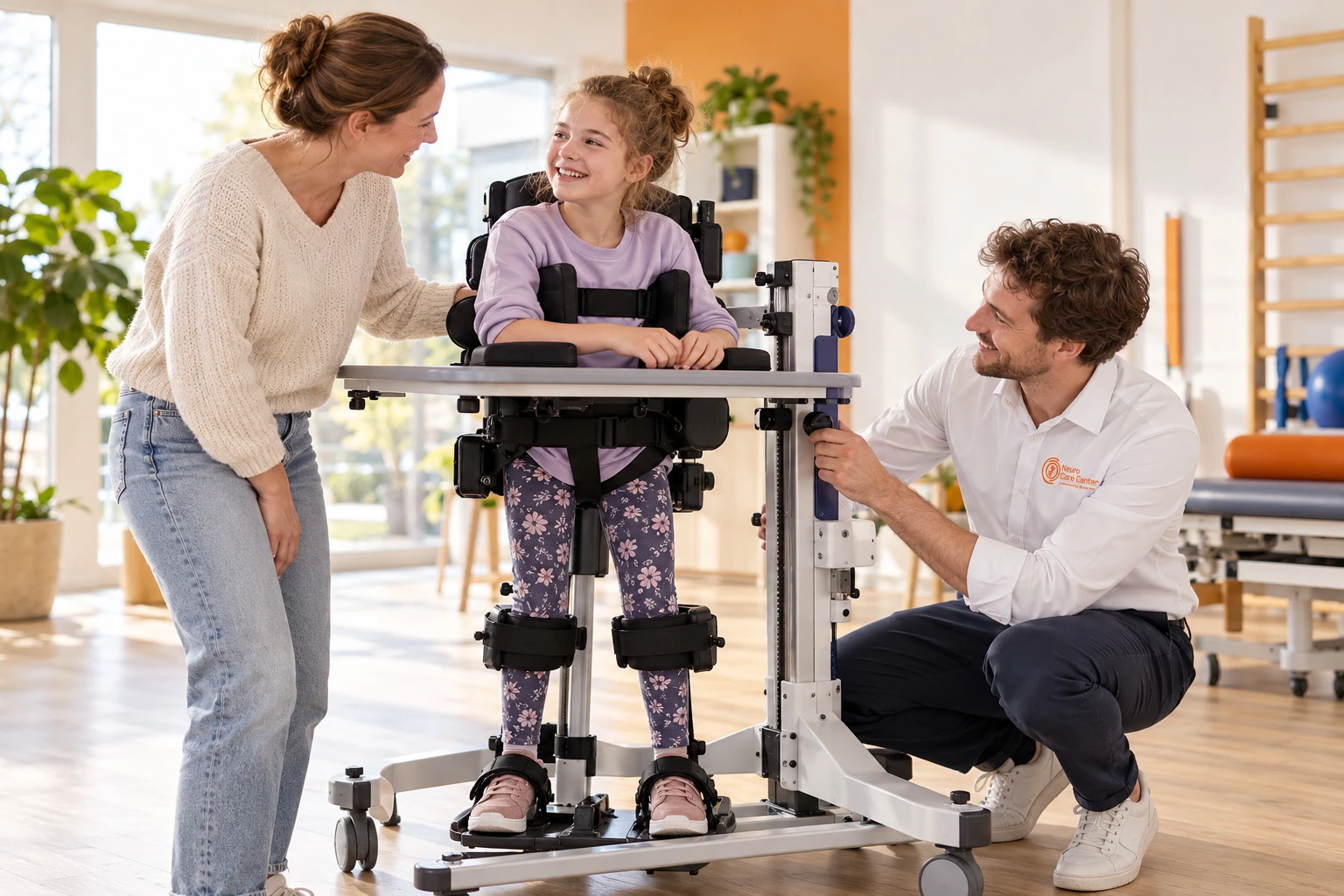 Spécialiste réglant un verticalisateur pour une fillette souriante, aux côtés de sa mère – by Spronken