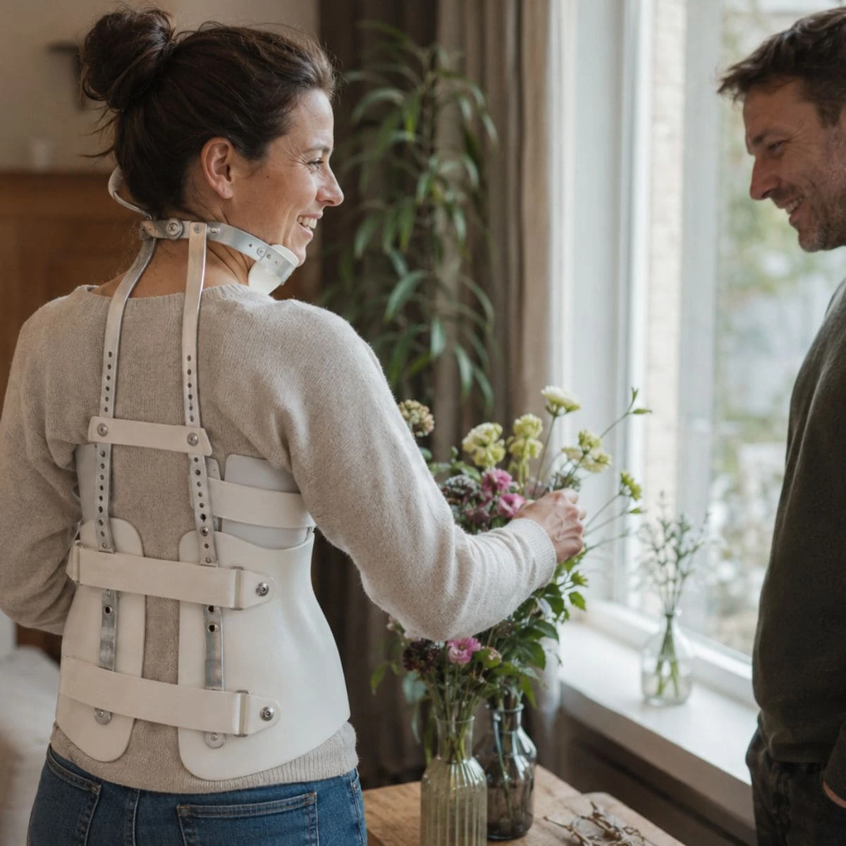 Lachende vrouw draagt Corset Milwaukee Sacrum van Spronken, gemaakt door Neuro Care Center by Spronken Orthopedie in België