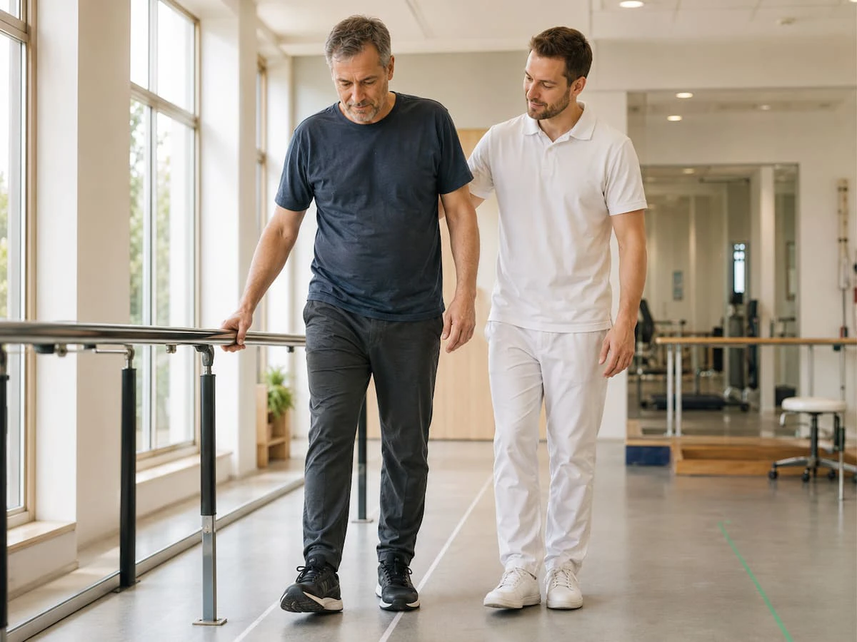 Man die behoefte heeft aan AFO / EVO (Enkel-voetorthese) oefent lopen samen met orthopedisch specialist van Neuro Care Center by Spronken Orthopedie in Genk, België. 