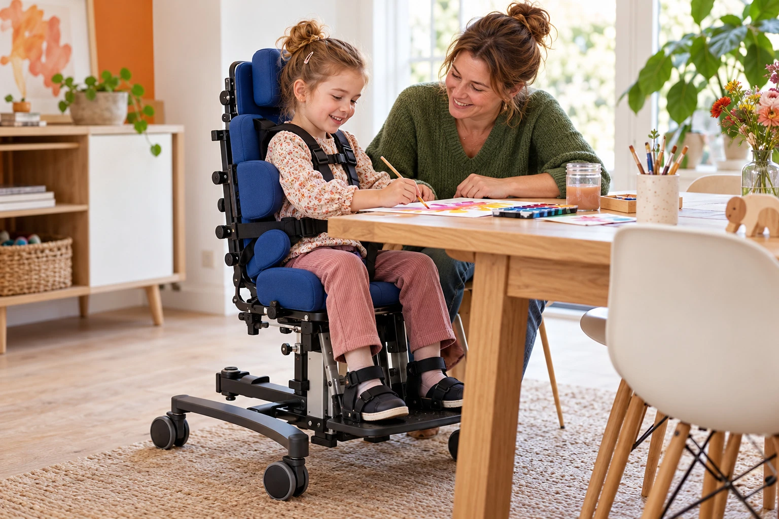 Fillette assise dans une chaise adaptée peignant à la table avec sa mère – by Spronken